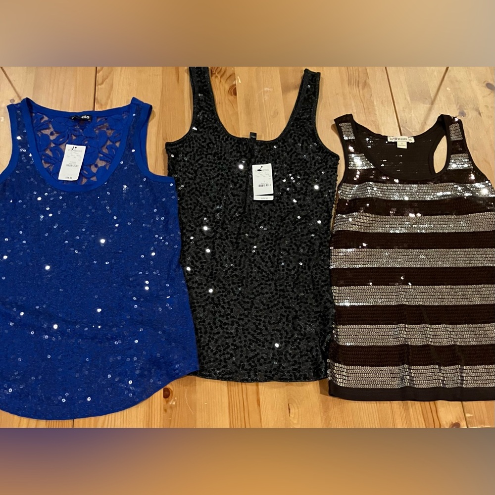 3 Shiny Tanks Size XS & Small Express Sequin blue, black & NWT Tank & Forever 21